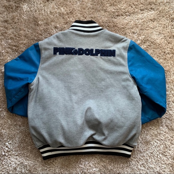 Large Leather Pink Dolphine Bomber Varsity Jacket - Picture 4 of 6